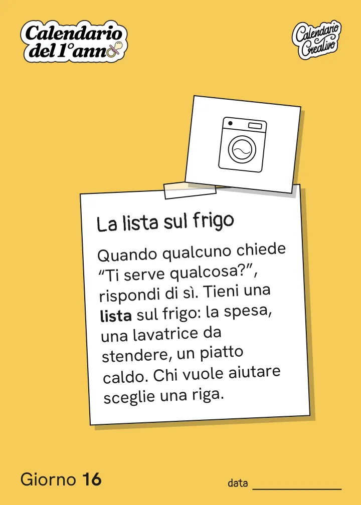 Foglio del Giorno 16 del Calendario del Primo Anno: La lista sul frigo